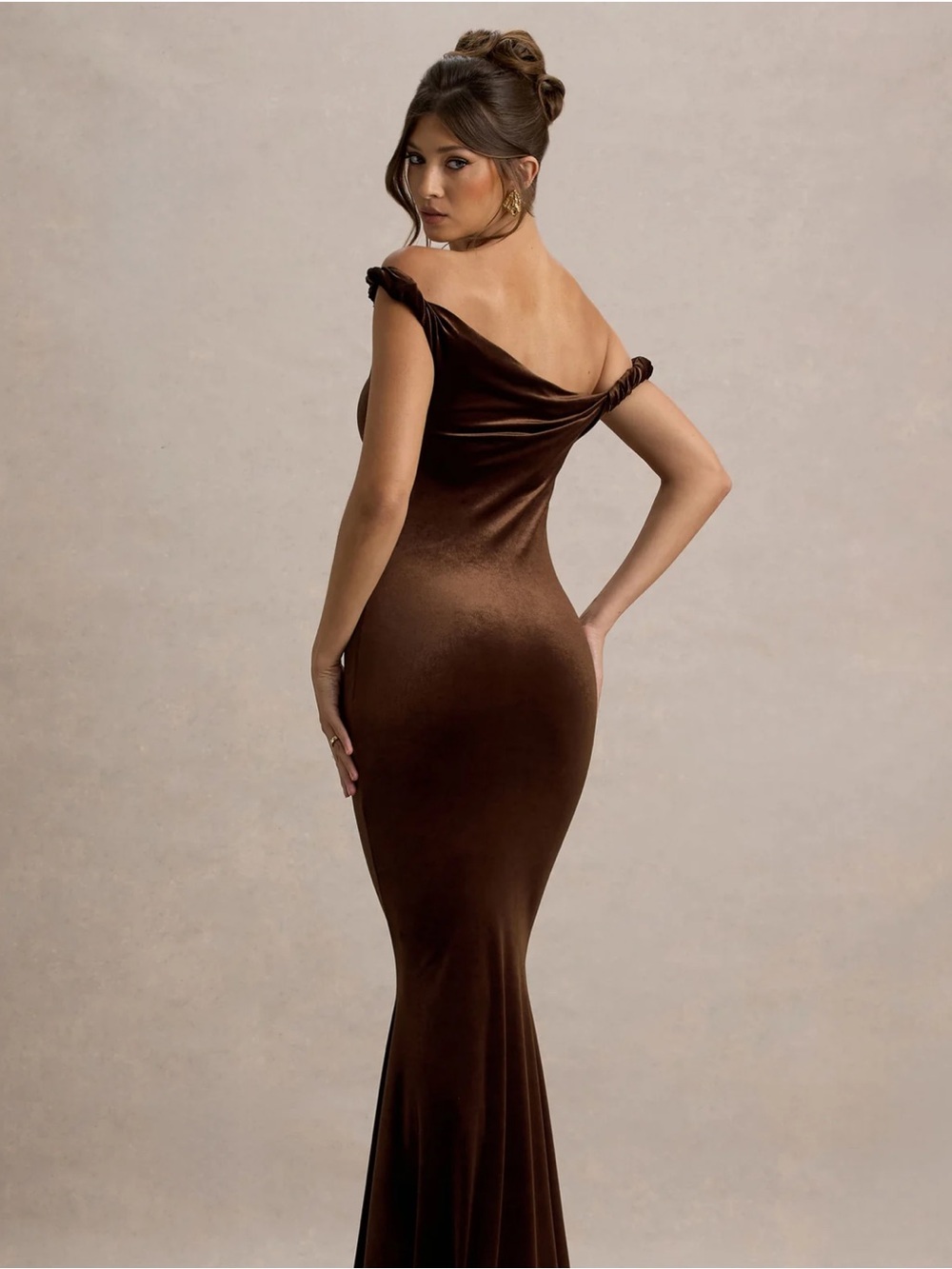 Backless Brown Velvet Evening Gown - Elegant Off-Shoulder